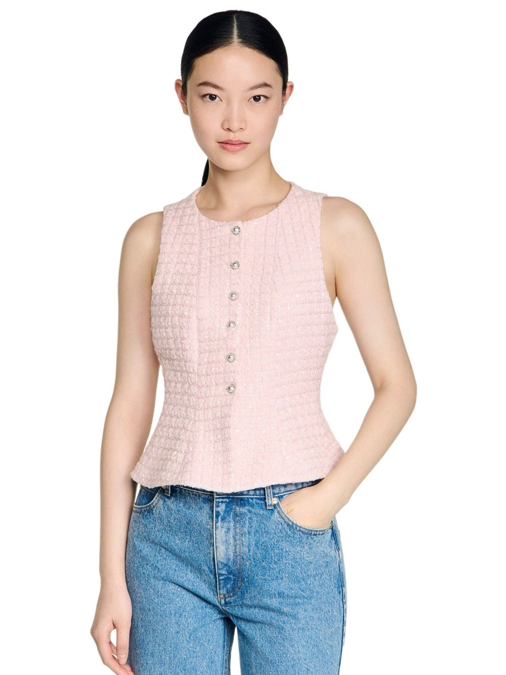 Sandro Pale Pink Tweed Sleeveless Button-Front Camisole